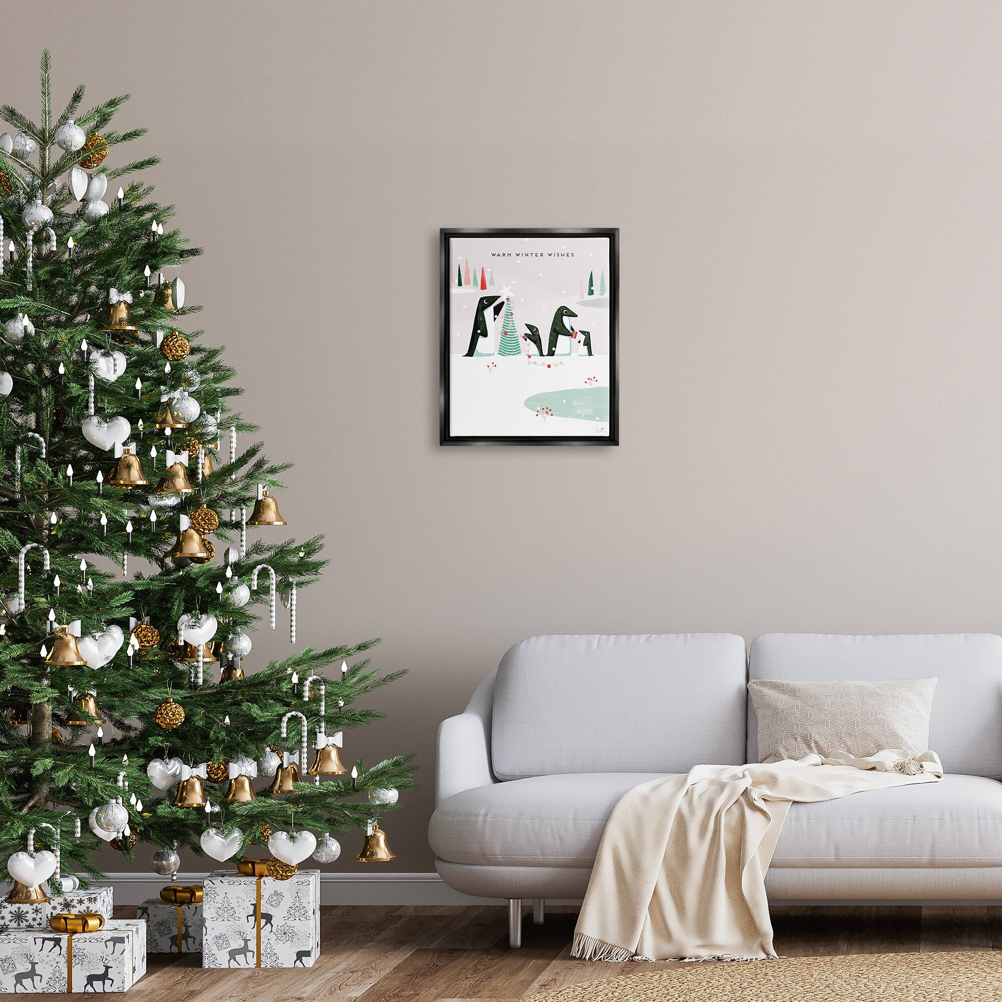 Stupell Industries Warm Winter Wishes Snowy Penguins Framed Floater Canvas Wall Art